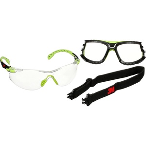 3M Safety Glasses, Solus 1000, S1201SGAF-TKT, ANSI Z87, Scotchgard Anti-Fog Clear Lens, Green/Black Frame, with Gasket and Strap, UV Protection, Soft Nosebridge, Padded Temple, Pack of 1