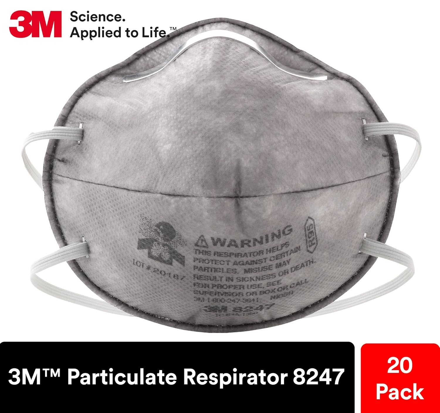 image:image3M Particulate Respirator 8247 Pack of 20 R95 NIOSH Approved Disposable Respirator for Oil Environments Braided Comfort Strap Carbon Filter Material
