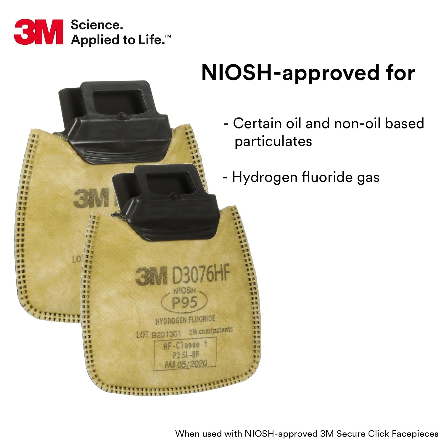 image:imageSecure Click P95 Respirator Filter Secure Click D3076HF Filter Hydrogen Fluoride with Nuisance Acid Gas Relief NIOSH Approved DualFlow for Easier Breathing 1 Pair