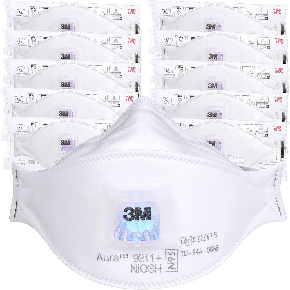 image:image3M Aura Particulate Respirator 9211 N95 Pack of 10 Disposable Respirators Individually Wrapped Cool Flow Valve Flat Fold Design Allows for Facial Movement NIOSH Approved Comfort Plus Dust