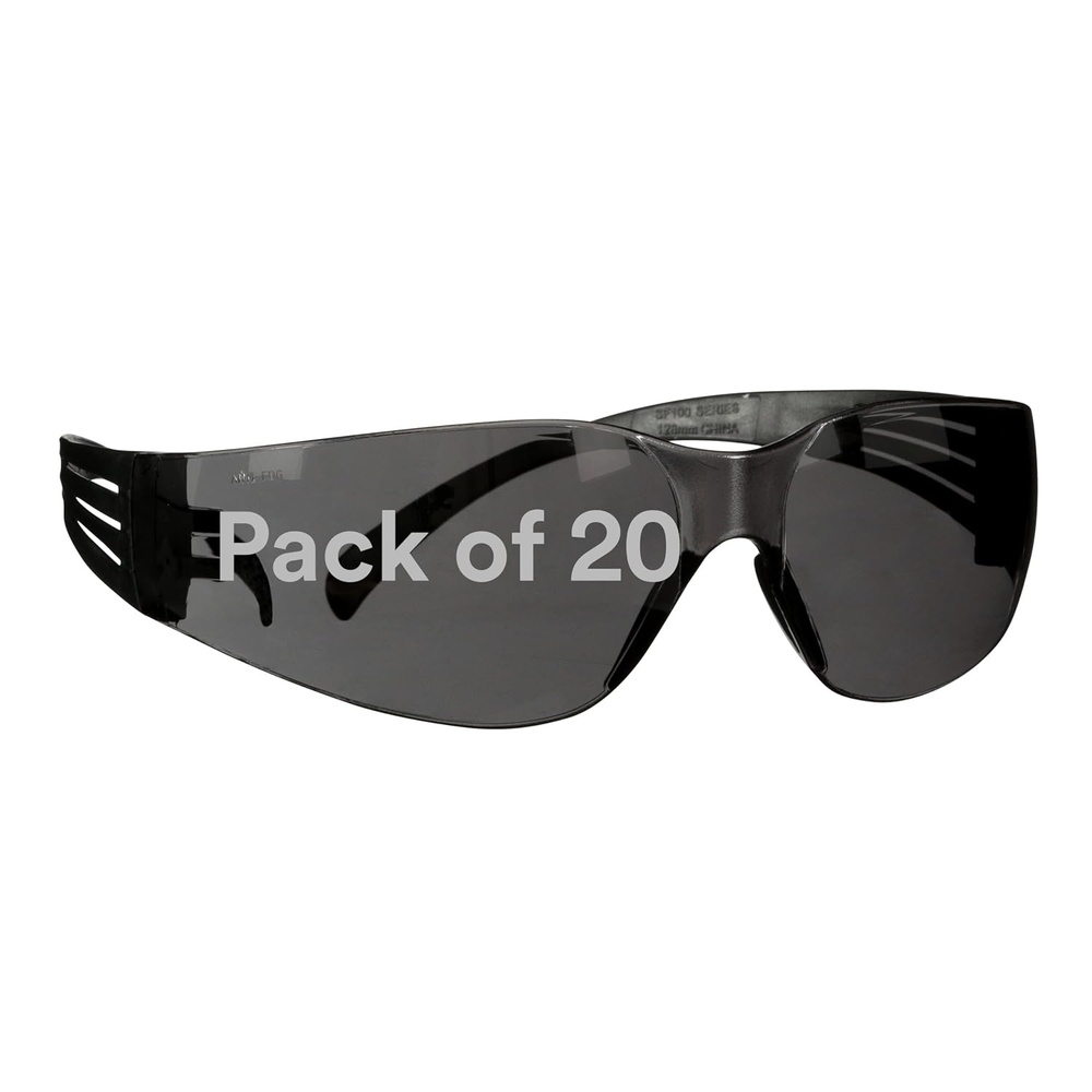 image:image3M Safety Glasses SecureFit 100 Series 20 Pack Impact Rated ANSI Z87 Antiscratch Clear Lens Black Temples with SelfAdjusting Temples and Molded Nose Bridge SF101ASBLKGray Lens  Black Frame