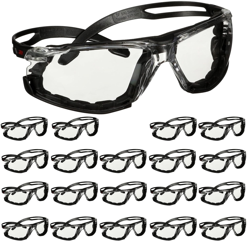 image:image3M Safety Glasses SecureFit 500 Series 20 Pack ANSI Z87 Adjustable Ratchet Temples Sporty Protective Eyewear Antiscratch Antifog Scotchgard Coated Clear Lens Black Frame with Foam GasketClear Lens With Foam Gasket  Black Frame