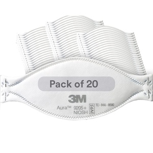 3M Aura Particulate Respirator 9205+, N95, Pack of 20 Disposable Respirators, Individually Wrapped, 3 Panel Flat Fold Design Allows for Facial Movements, Comfortable, NIOSH Approved, Smoke(1 Count (Pack of 20))