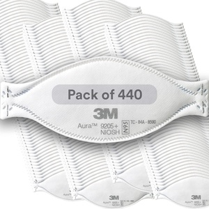 3M Aura Particulate Respirator 9205+, N95, Pack of 20 Disposable Respirators, Individually Wrapped, 3 Panel Flat Fold Design Allows for Facial Movements, Comfortable, NIOSH Approved, Smoke(1 Count (Pack of 440))