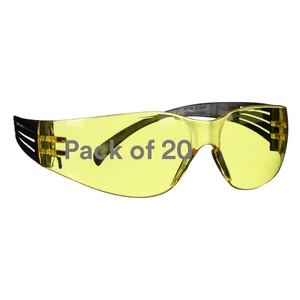 3M Safety Glasses SecureFit 100 Series, 20 Pack, Impact Rated ANSI Z87, Anti-scratch Clear Lens, Black Temples with Self-Adjusting Temples and Molded Nose Bridge, SF101AS-BLK(Amber Lens  Black Frame)