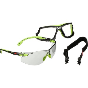 3M Safety Glasses, Solus 1000, S1207SGAF-TKT, ANSI Z87 Scotchgard Anti-Fog Indoor/Outdoor Gray Lens, Green/Black Frame, with Gasket and Strap, UV Protection, Soft Nosebridge, Padded Temple, Pack of 1